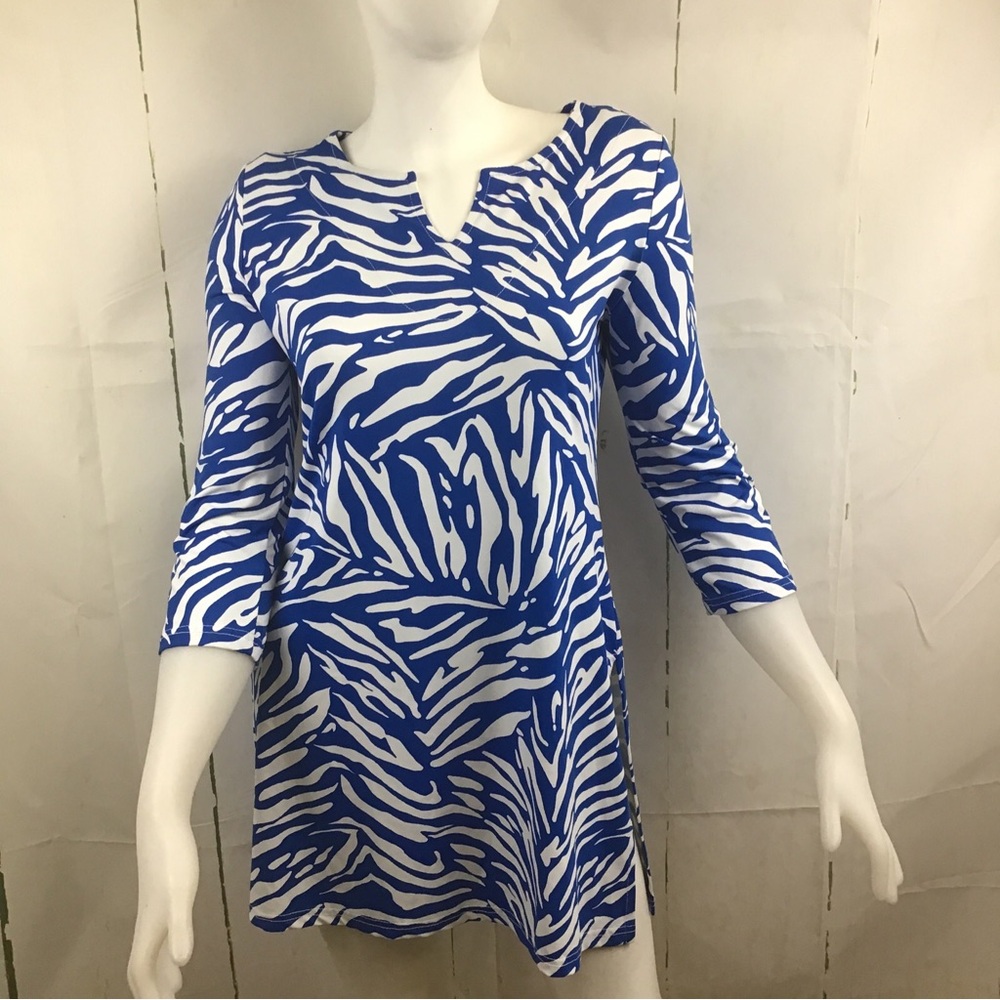 Keylime & Pink Womens Blue/White 3/4 Sleeve Animal Print Swim Coverup Dress Sz.L